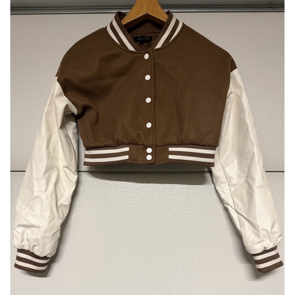 3Points Cropped Varsity Jacket Brown White Faux Leather Sleeves Snap Front‎